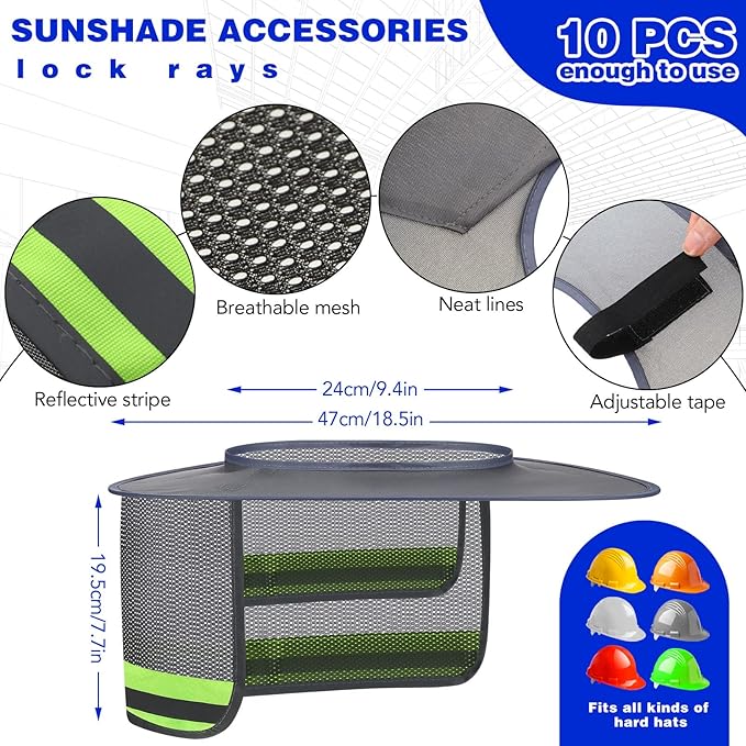 Vicenpal 10 Pcs Hard Hat Shade Full Brim, High Visibility Sun Visor Neck Shade with Reflective Strip, Hard Hat Accessories for Men Women Construction Use(Grey)