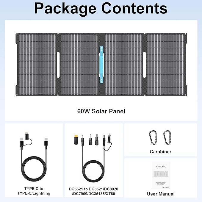 60W Portable Solar Panels Chargers with USB-C, USB-A and DC Outputs Foldable IP67 Waterproof Solar Panel for Camping,Power Emergency for Small Power Station,Phones, Power Banks