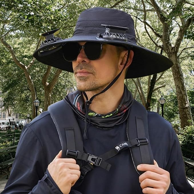 Wide-Brimmed Solar Fan Outdoor Fishing Hat, Solar and USB Charging, Long Battery Life Fan Hat, Waterproof Sun Hat Upf50+