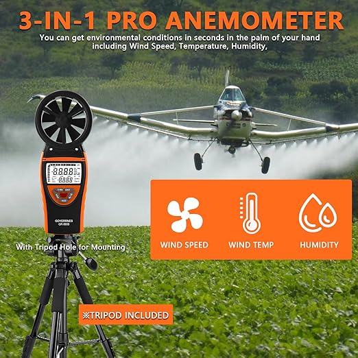 Handheld Anemometer with Tripod, for Wind Speed Temp Humidity, Digital Rechargeable Air Flow Gauge Meter, Portable CFM Measuring Device for HVAC Outdoor Shooting Golf Drone Flying