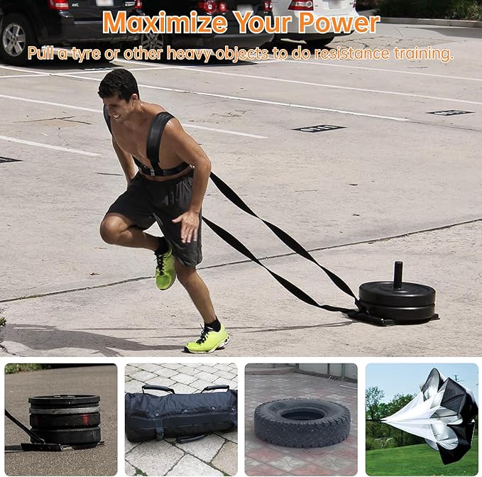 Sled Harness for Exercise, Physical Football Running Resistance Training Rope Kit Tire Pulling Harness Fitness Exercise Workout Assistance Equipment Trainer with Adjustable Padded Shoulder Strap