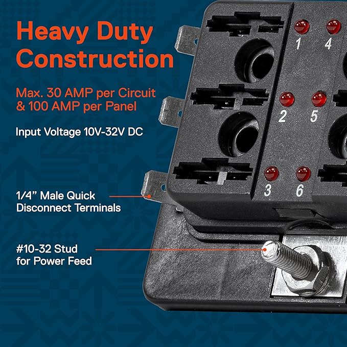 True Mods 6 Way Blade Fuse Box for Automotive [ATC/ATO Blade Fuses] [100 Amp][LED Indicator] [Protection Cover] [10-30V DC; 12V] Auto Marine Fuse Block