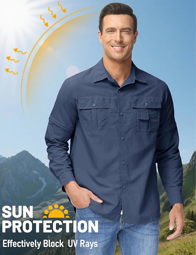TACVASEN Men's Convertible Long Sleeve Fishing Shirts Lightweight Quick Dry Button Up Tactical Sun Shirts for Safari Hiking