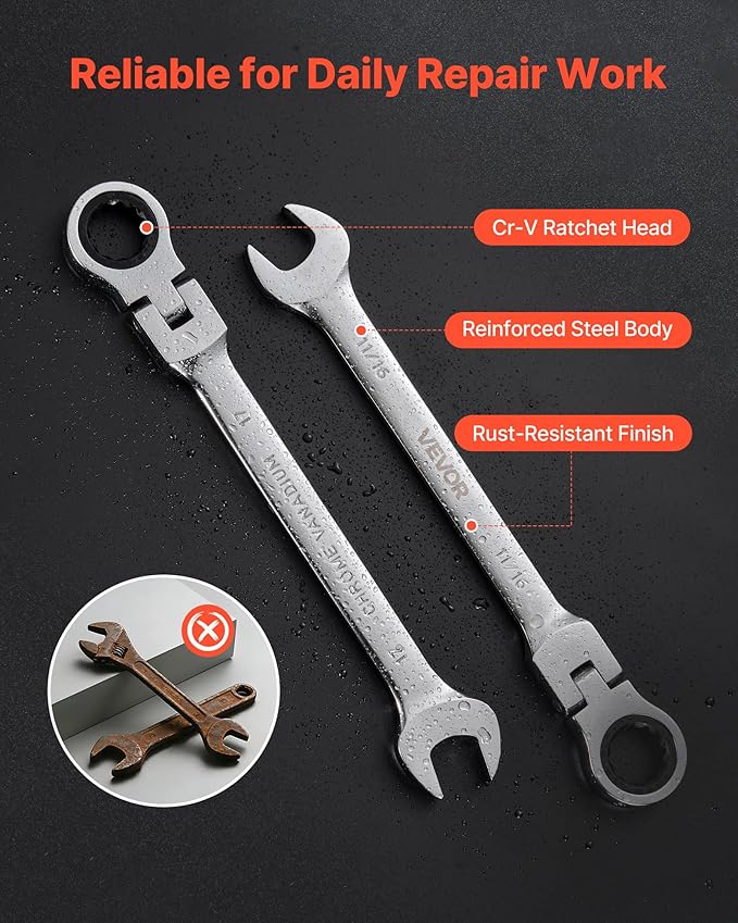 VEVOR Flex-Head Ratcheting Wrench Set, 30-Piece SAE and Metric, 72 Teeth, Cr-V Steel Ratchet Flexible Combination Wrench Set with Roll Up Pouch, for General Household and Automotive Repairs, Silver