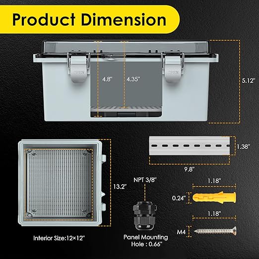 Waterproof Electrical Junction Box, IP67 Plastic Weatherproof Outdoor WiFi Enclosure with Mounting Plate, Wall Brackets, for WiFi Electronics Project, Clear (13"×13"×5")