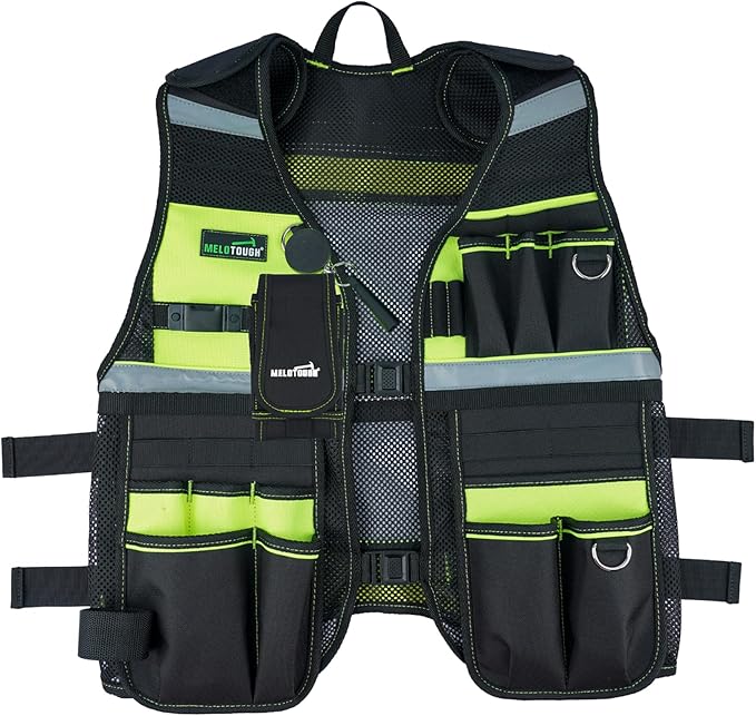 MELOTOUGH Tool Vest Reflective Safety Tool Vest with Removable Phone Holder,Retractable Pen Holder for Electrician,Carpenters,Construction(Lime)
