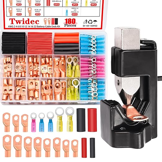Twidec/180PCS Battery Cable Ends AWG 2 4 6 8 10 12 14 16 Gauge Copper Cable Wire Lugs,Ring Terminals Connectors,Copper Ring Terminals Connectors with Heat Shrink and Hammer Lug Crimper Tool