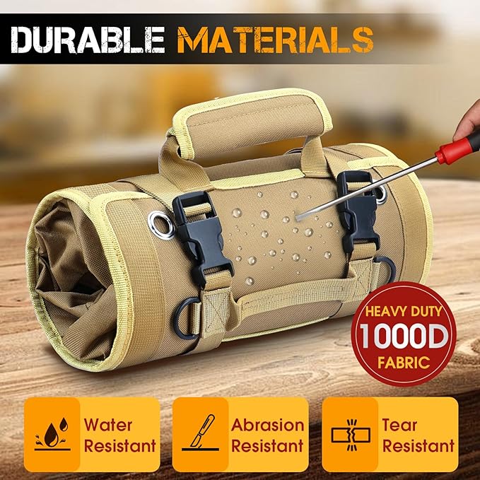 Roll Up Tool Bag, Heavy Duty Tool Organizer with 2 Detachable Pouches, Father's Day Gifts for Dad, Durable Tool Storage for Men Women, Perfect for Husband, Handyman, RV Owners, Dad Birthday, Khaki