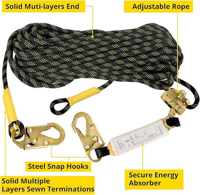 TRSMIMA Rope Harness Safety Lanyard：150ft Vertical Roofing Rope with Grab Snap Hooks Shock Absorber - Fall Protection Tree Climbing Line Kit Heavy Duty Roof Safety Equipment ANSI CE