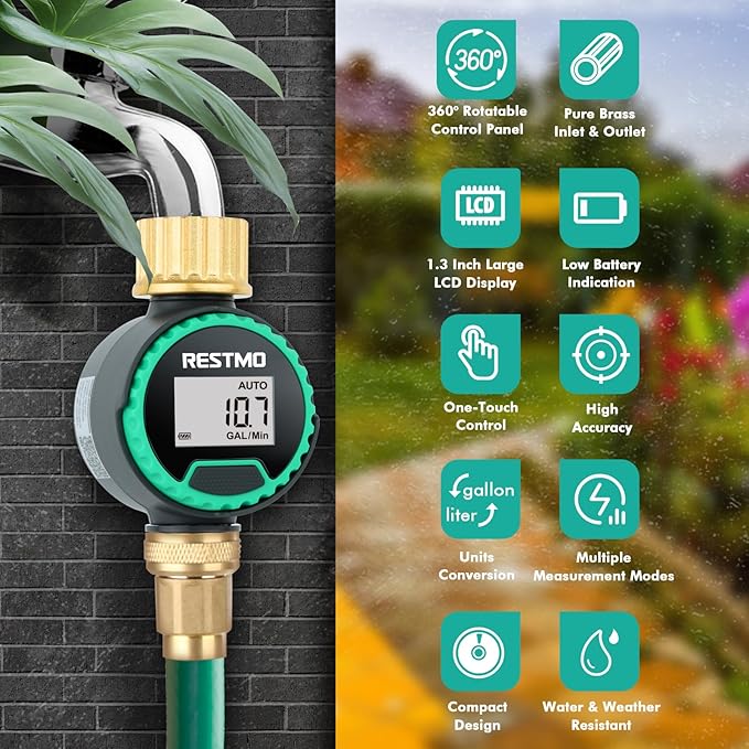RESTMO 360° Rotatable Water Flow Meter, Pure Brass Inlet & Outlet Water Meter, Measure Gallon/Liter Consumption and Flow Rate for Garden Hose Watering, RV Water Tank Filling and Lawn Sprinkler