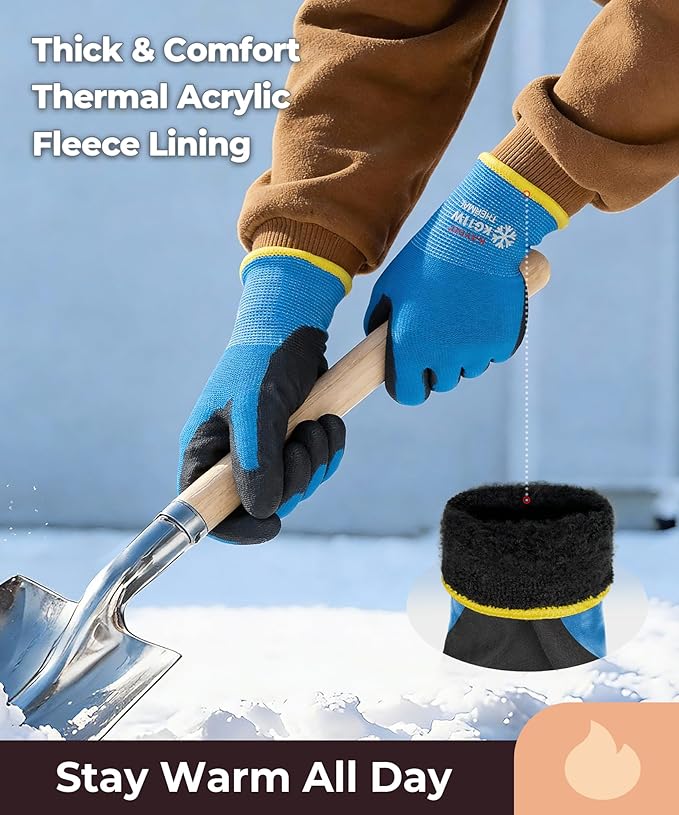 KAYGO 12 Pairs Winter Work Gloves for Men and Women, Thermal Insulated Safety Work Gloves PU Coated, Super Grip,Ideal for Freezer Work,Blue,XL
