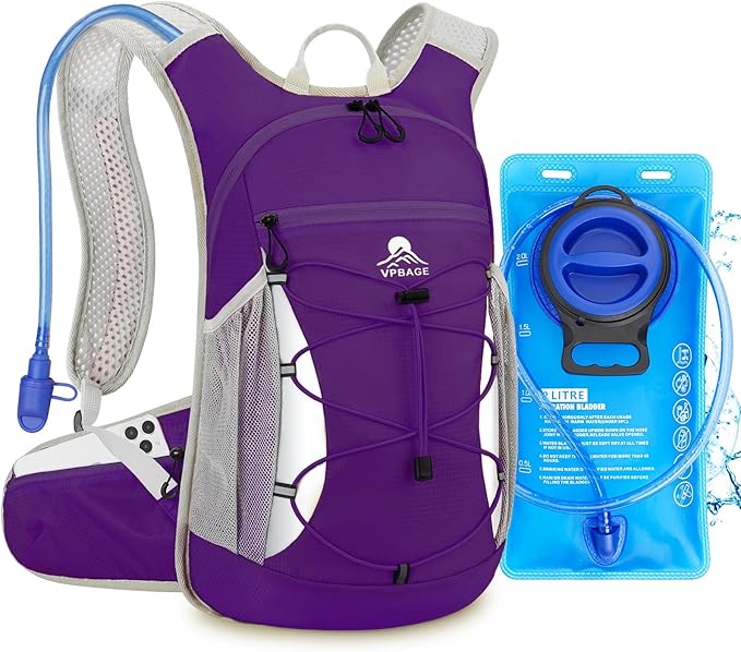 Hydration Backpack with 2L Water Bladder - Lightweight 15L Daypack with Phone-Sized Hip Belt Pockets, Anti-Chafe Cotton Edging & No-Bounce Straps - Small Water Backpack for Hiking, Running, Skiing