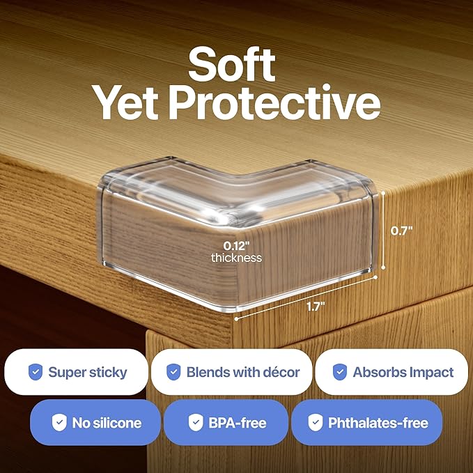 8-Pack Baby Proof Corner Protectors, Clear Furniture Safety Bumpers, Soft Rubber Foam Cushion Guards with Pre-Applied Adhesive, Child Proofing Pads for Tables, Cabinets, Desks, Glass Surfaces