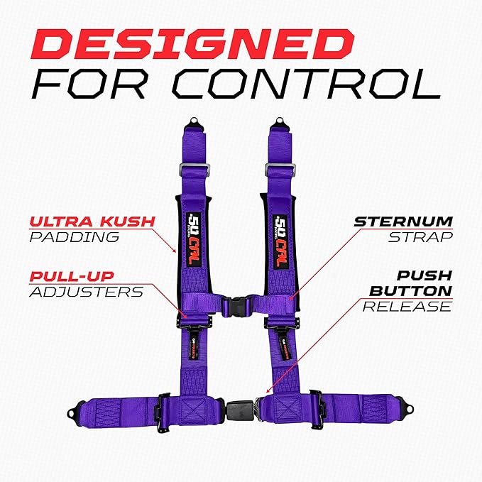 50 Caliber Racing Harness 3 inch purple 4 point harness with Push Button Release for Cars, Trucks, UTV and Off Road Vehicles [6046]