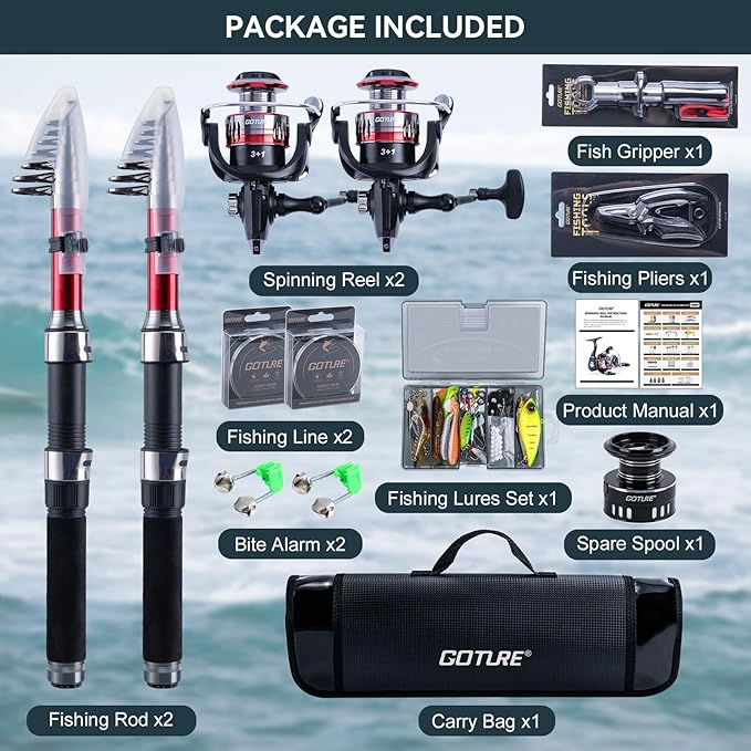Goture Fishing Rod and Reel Combos-2PCS Telescopic Fishing Pole+2PCS Pre-Loaded Spinning Reels with Carrier Bag,1.8M-2.7M Telescopic Rod Reel Kit for Starter Travel Saltwater Freshwater,Gifts for Men
