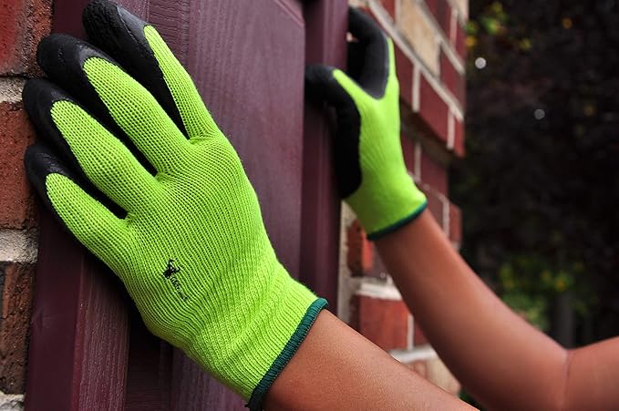G & F 1516 12 Pairs Pack Premium High Visibility Work and gardening Gloves for Men and Women. MicroFoam Textured Coated Palm and Fingers Gloves for Gardening Work, Size Small, Green