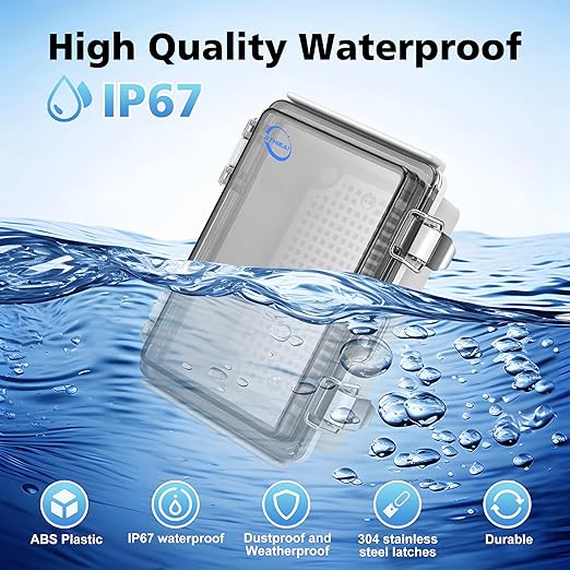 Waterproof Outdoor IP67 Junction Box (5.9"x3.9"x2.8") with Mounting Plate, Hinged Clear Cover and Wall Brackets - Weatherproof ABS Plastic Electrical Enclosure for DIY Projects (150x100x70mm)