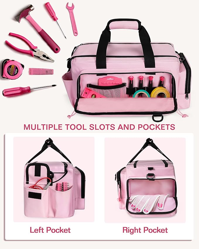Tactical Tool Bag for Women, 16 Inches Tool Storage Organizer Box with Wide Mouth, Large Toolbag Toolbox with Handle, Pink (Empty Bag Only)