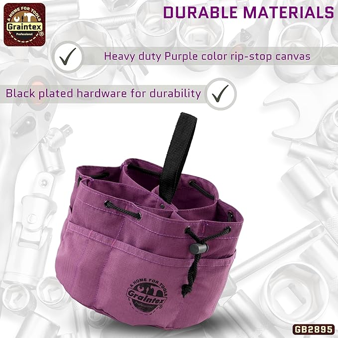 Graintex 18 Pockets Grab Bag Rip-stop Canvas Drawstring Closure, Small Part Organizer Pouch, Small Tools, Screws, Parts, Parachute Tool Bag for Efficient Storage - Purple
