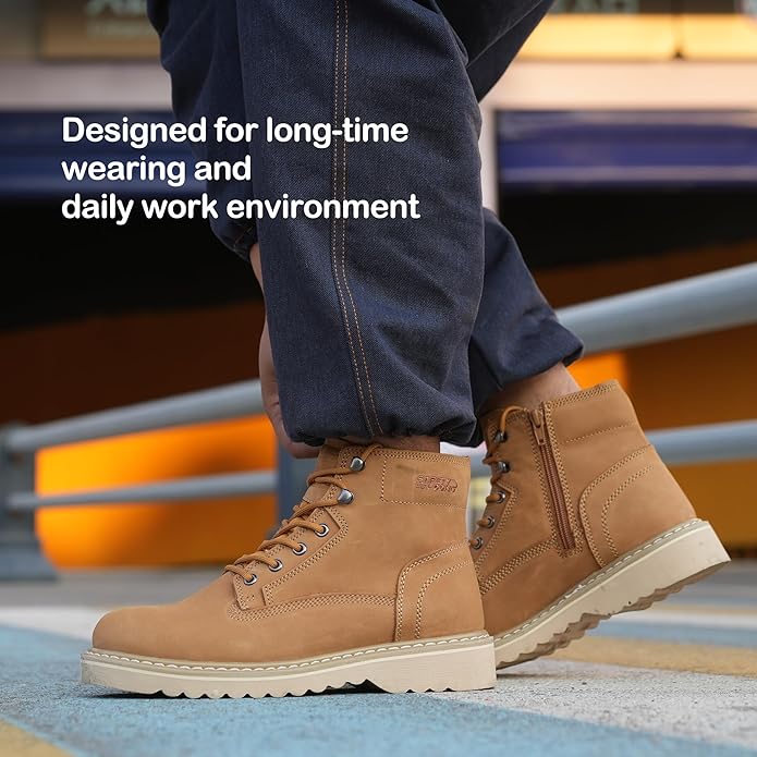 Side Zipper Soft Toe Work Boots for Men 6" with Welt Construction, Lightweight Utility Nubuck Leather Shoes, Featuring Speed Hooks, Slip & Water Resistant Mens Ankle Workboots
