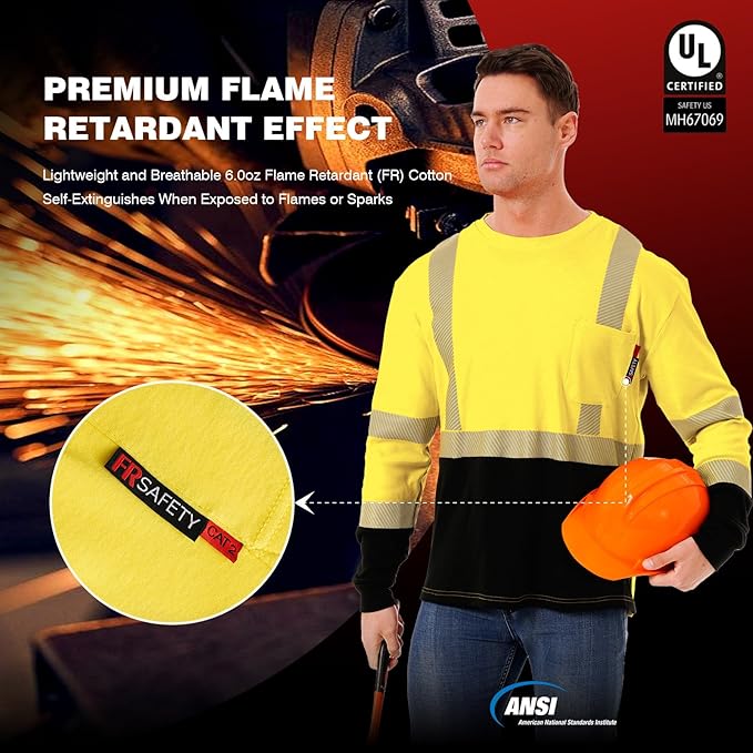 SKSAFETY FR Shirts for Men Long Sleeve, Welding Shirt 6oz Lightweight High Vis Fire Resistant Flame Retardant Shirt CAT2