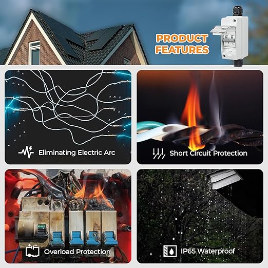 Solar Panel Disconnect Switch 50A 550V Solar Shut Off Switch 2 Poles Outdoor DC Miniature Circuit Breaker Box, IP65 Waterproof UV-Proof for Solar PV Home (50 Amp)