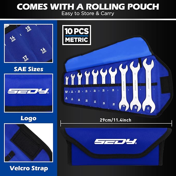 10-Piece Super Thin Open-End Wrench Set, Metric 5.5–27mm, 3mm Thickness Slim Wrench Set for Tight Spaces, Nickel Plated Flat Wrenches with Rolling Storage Pouch