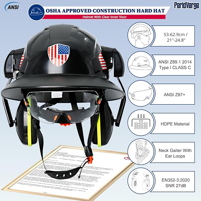 Full Brim Hard Hats Construction OSHA Approved with Visor-Vented Hard Hat with Neck Gaiter with Ear Loops,Safety Hard Hats for Men with Chin Strap ANSI Z89.1 Type 1 Class C,6-pt Suspension