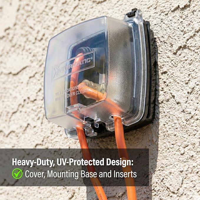 Intermatic WP1020C 2-1/4” Deep Weatherproof Outlet Cover – UV Stabilized Clear, GFCI & Duplex, Vertical Mount, UL Certified – Fits Single Device Only for Larger Double-Gang 4” x 4” Boxes