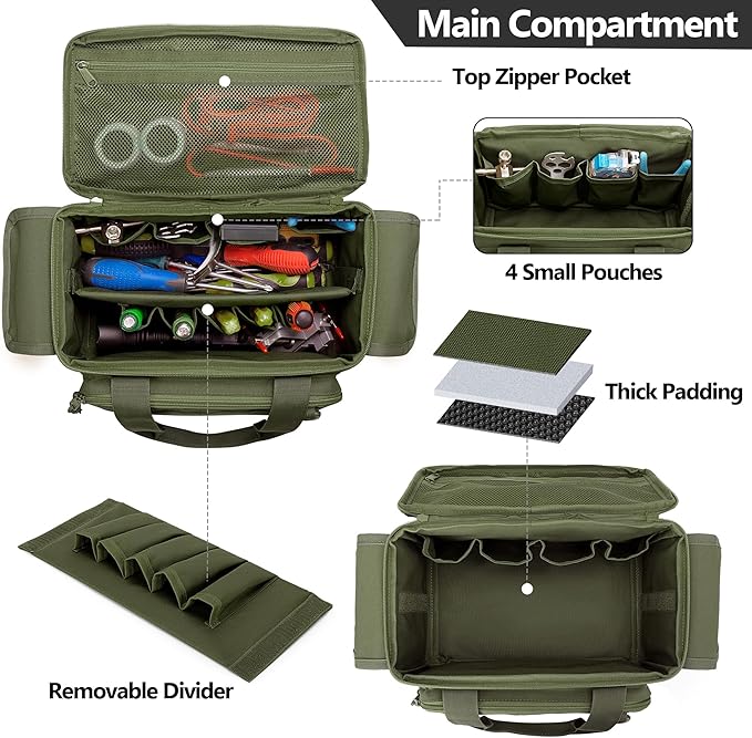 Small Tool Bag with Anti-friction and Thick Padded Bottom, Tool Storage Organizer for Men, Tactical Range Bag, Multi-functional Work Bag for Repairman, Electrician, Carpenters (Green)