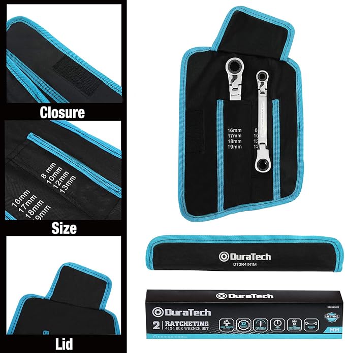 DURATECH 4-in-1 Flex-Head Reversible Ratcheting Box Wrench Set, Metric, 2-Piece, 8mm to 19mm, 12 Point, CR-V Steel, with Rolling Pouch