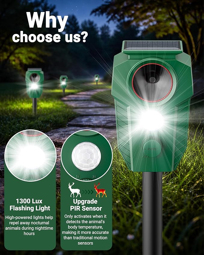 Solar Ultrasonic Animal Repellent Outdoor - Deer Repellent Devices with Motion Sensor & Flashing Lights, Waterproof Deterrent for Yard Garden to Repel Cats, Squirrels, Raccoons