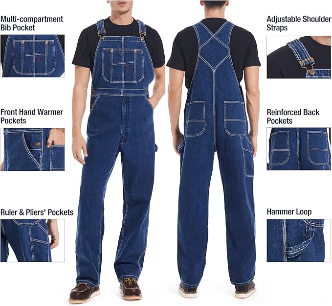 HISEA Men's Denim Bib Overalls, Men's Overalls Workwear with Adjustable Straps and Convenient Tool Pockets
