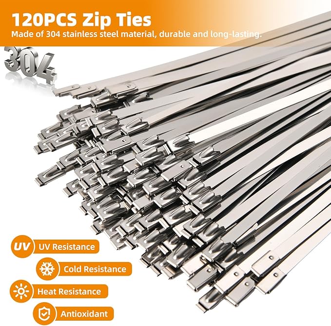 Stainless Steel Zip Ties Heavy Duty (120 PCS) with Metal Cutter, 11.8 Inch Self-Locking Cable Ties for Chain Link Fence, Outdoor, Electrical & Home Use
