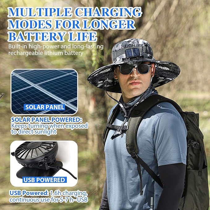 Solar Fan Hat,Sombrero con ventilador Solar,Fishing Hat with Fan for Men, Wide Brim Sun Hat with 2 Solar Fan,3 Speed Adjustable Fans Hats,Waterproof Outdoor Hiking Camping Fishing(Black and White)