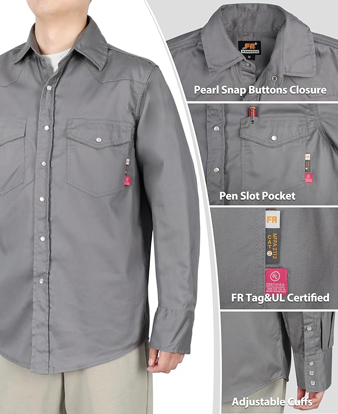 KONRECO FR Shirts for Men 6.5oz Lightweight Work Uniform Flame Resistant Welding Shirt/Water & Stain Repellent