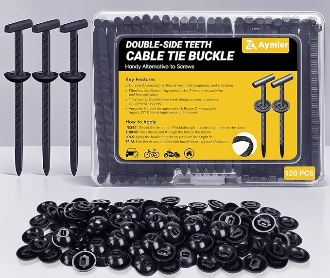 Aymier 120 Pcs Nylon Universal Cable Tie Buckle with Clear Storage Box, Upgraded Double-Sided Teeth Self-Locking T Rivet Zip Tie Kit for Car Fender Trunk Bumper Repair, Home & Garage, Patent Pending