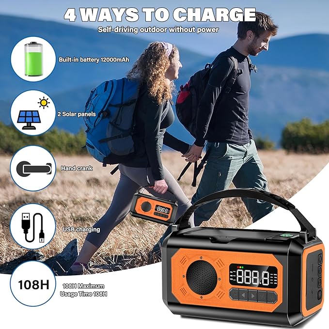 44400mWh/12000mAh Emergency Weather Radio, Hand Crank Radio Solar Radio Portable AM/FM/NOAA Radio with 2 Solar Panels 3 Charging Methods SOS Alarm 3 Mode Flashlight Phone Charger Compass Reading Lamp