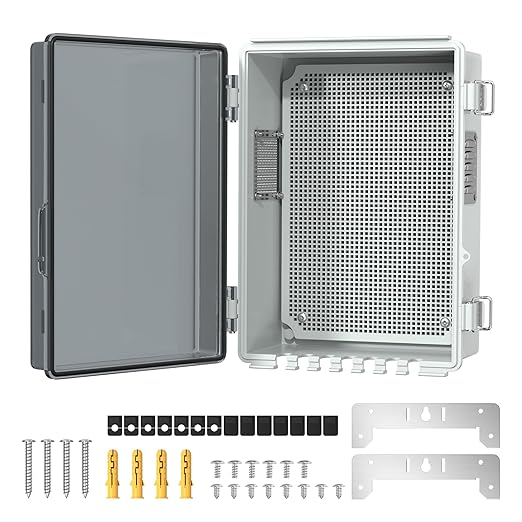 Joinfworld Outdoor Electrical Box, Waterproof Electrical Box WiFi Enclosure 11.8x6.7x5.6 Vented Electric Box Plastic Clear with Mounting Panel Cable Grommet Stainless Steel Dust Screen