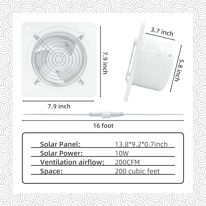 Solar Panel Exhaust Fan, Ventilation Extractor with Anti-backflow Check Valve Chain Switch,10W 16Ft Cable for Greenhouses, Pet Houses, Small Chicken Coops, Sheds, Window Exhaust