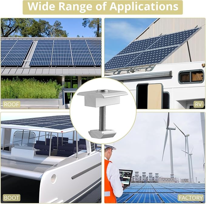 Anbte 10pcs Solar Panels Centre Clamps, Aluminium T-Shaped Mid Clamps 35mm Solar Panel Mounting Brackets Solar Mounting Rail Connector for Tin Roof, Flat Roof, Sheet Roof, Slvier