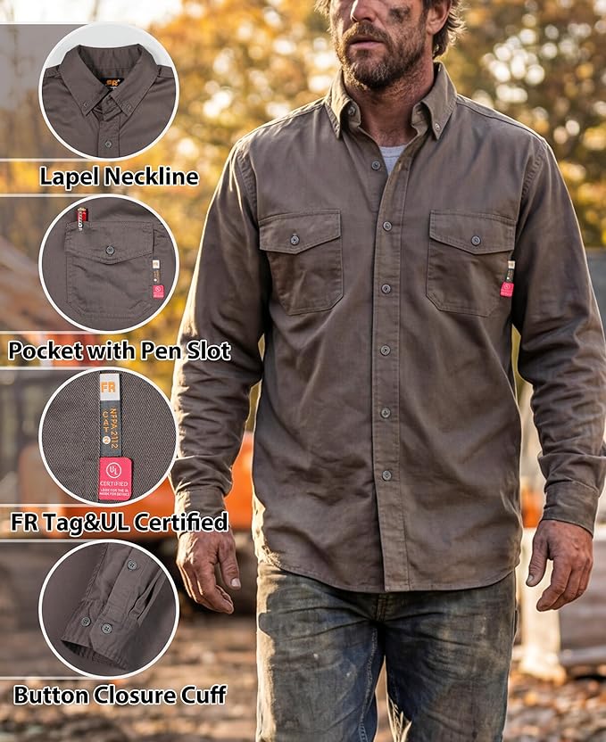 KONRECO FR Shirts for Men 6.5oz Lightweight Work Uniform Flame Resistant Welding Shirt/Water & Stain Repellent