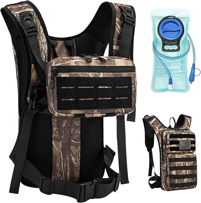 Tactical Hydration Backpack with 2L Water Bladder and Front Small Tactical Pouch, Outdoor Water Backpack for Men Women, Sports Hydration Pack for Hiking, Cycling, Climbing