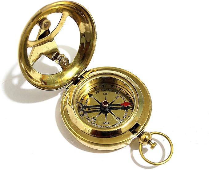 THOR INSTRUMENTS Brass Push Button Direction Sundial Compass - Pocket Sundial Compass Rustic Vintage Home Decor Gifts