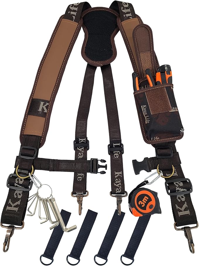 [HW GLOBAL] Tool Belt Suspenders for Men with Phone Pouch and Belt Loops - Adjustable Shoulder Padded Straps, Heavy Duty Steel Hooks, Construction Work Harness Carpenters, Electricians, Framers