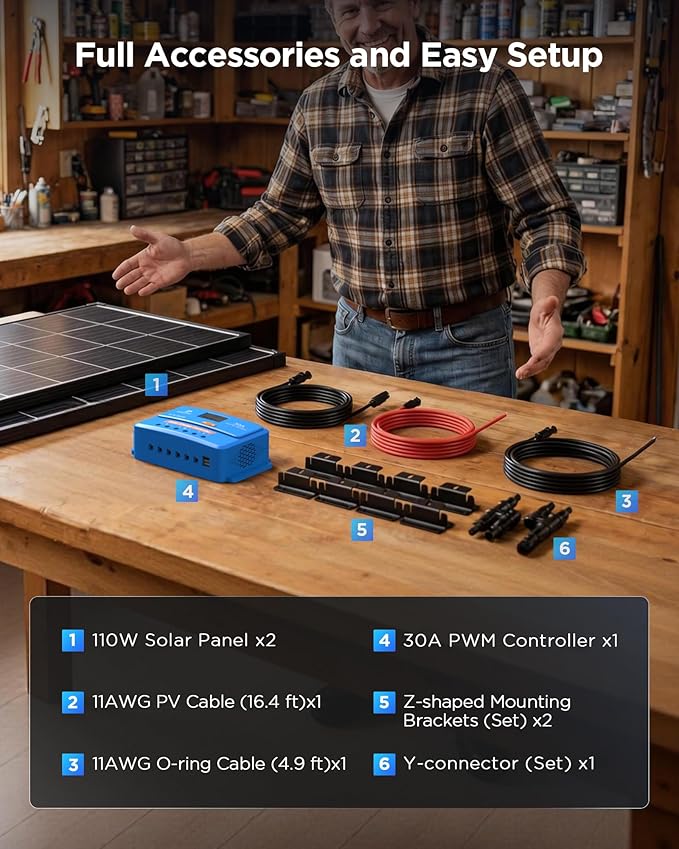 220W N-Type 16BB Solar Panel Kit(2 * 110W) with 30A PWM Charge Controller,25% High Efficiency Mono Offgrid Power System for 12V/24V Battery,11AWG Cables Y-connectors for RV Boat Camper Cabin