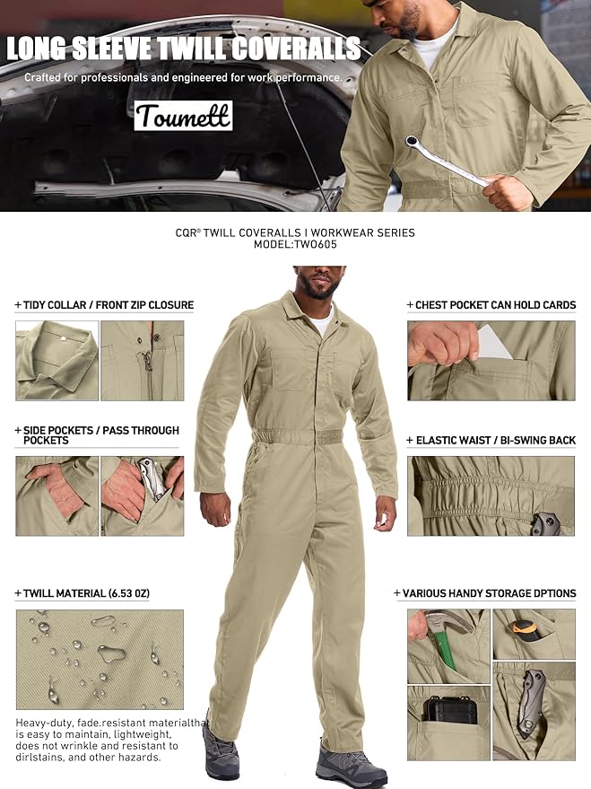 Coveralls for Men Long Sleeve Cotton Blend Work Jumpsuit with Multi Pockets Utility Work Wear