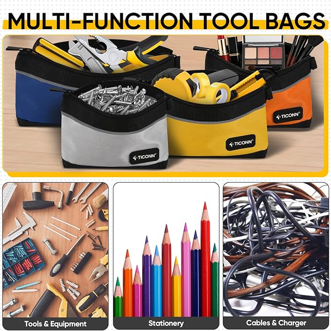 TICONN Tool Pouches with Zipper, 1680D Oxford Small Tool Bags, Waterproof Utility Bag Zipper Pouch for Tool Organizers and Storage (6 Pack Medium)