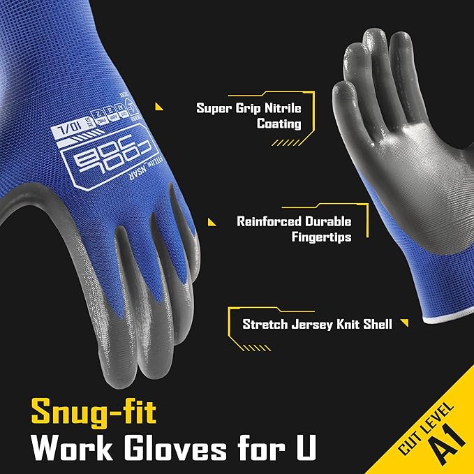COOLJOB 10 Pairs Nitrile Dipped Safety Work Gloves with Grip, Non-slip Rubber Coated Bulk Garden Gloves for Men, Heavy-duty Oil Resistant for Truck Driver, Warehouse Box Handler, Medium, Red Blue