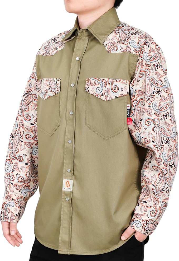 BOCOMAL FR Shirts Pearl Snaps Two Tone Plaid/Solid Flame Resistant Cotton Welding Shirt NFPA 2112 CAT 2